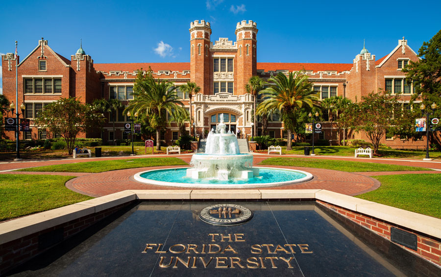 The historic campus of Florida State University in Tallahassee, featuring the iconic Westcott Building and fountain, home to the FSU Museum of Fine Arts (MoFA), a leading cultural destination showcasing diverse exhibitions and visual arts. 