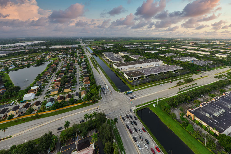 Aerial view of a warehouse and distribution district in Miramar, Florida