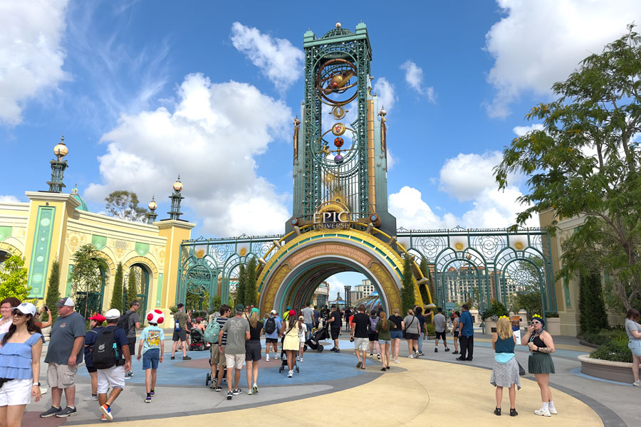 Entrance to Universal Epic Universe in Orlando, Florida, featuring the Celestial Park gateway where visitors enter the park’s central hub and access its themed worlds through immersive portal entrances.