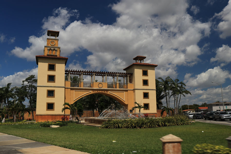 The Hialeah entry fountain and gateway structure in Hialeah, Florida, reflecting the city’s architectural style and serving as a recognizable landmark along a major roadway within the Miami-Dade metropolitan area. 