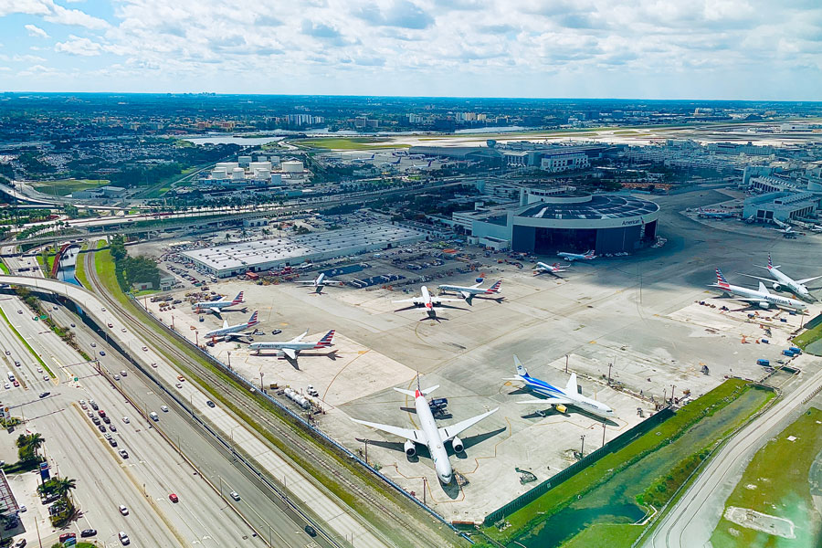Aerial view of Miami International Airport in Miami, Florida, showing aircraft operations, terminals, and surrounding expressways in one of the busiest aviation hubs in the United States. File photo.