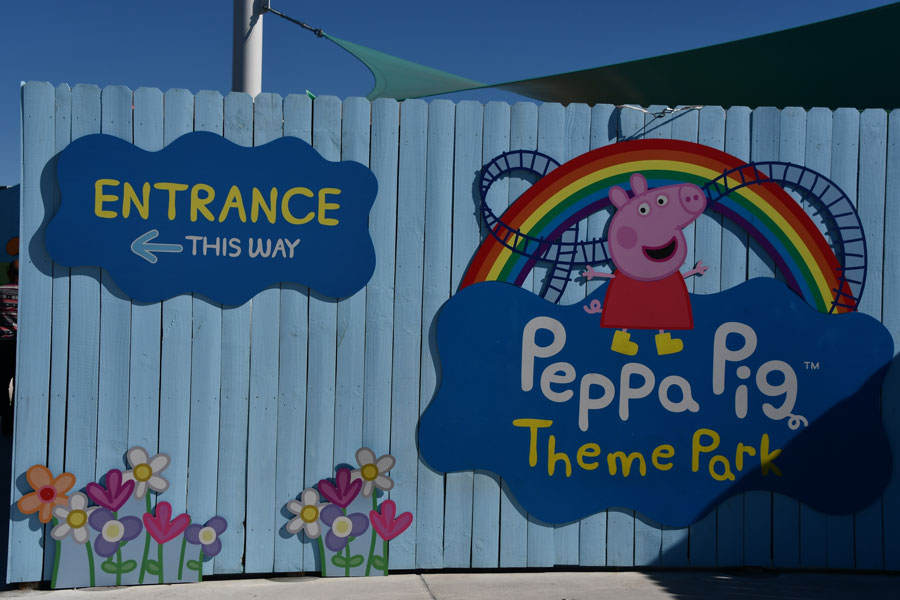 Entrance signage for PEPPA PIG Theme Park Florida in Winter Haven, a family-friendly park designed for preschool-aged children with gentle rides and interactive play areas. File photo: licensed.