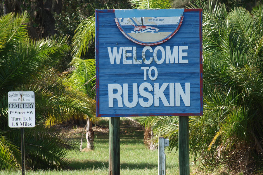 Welcome to Ruskin sign marking the coastal community along Tampa Bay in southern Hillsborough County, Florida. Photographed November 1, 2022.