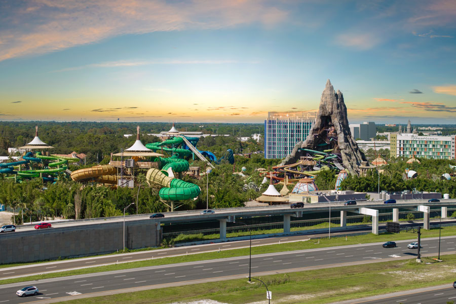 Orlando’s theme park corridor featuring Universal Volcano Bay and surrounding resort attractions, showcasing the scale and density of Central Florida’s major entertainment destinations. File photo: licensed.