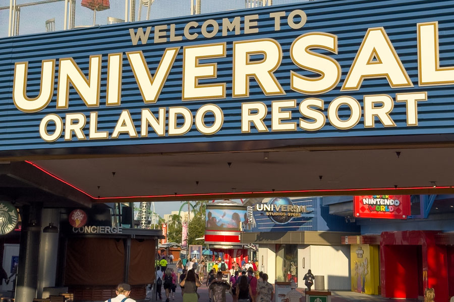 Universal Orlando Resort entrance signage welcomes visitors into Universal CityWalk, the resort’s central hub for dining, shopping, and entertainment in Orlando, Florida. Photo taken June 20, 2025.