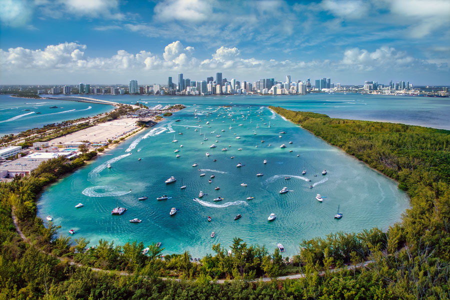Aerial View of Biscayne Bay and Miami Skyline from Virginia Key. 