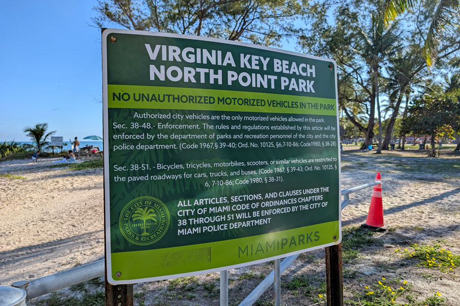 Entrance sign for Virginia Key North Point Park in Miami, marking one of the island’s public beach and recreation areas.
