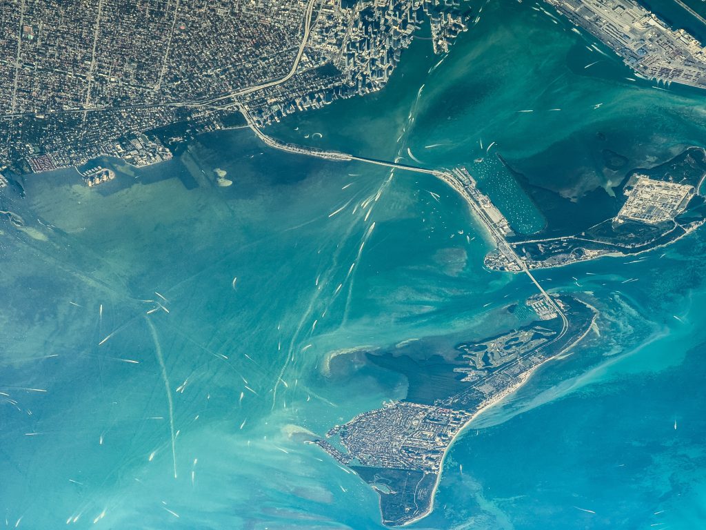 Aerial view of Virginia Key and the Rickenbacker Causeway connecting Miami to Key Biscayne across the waters of Biscayne Bay.