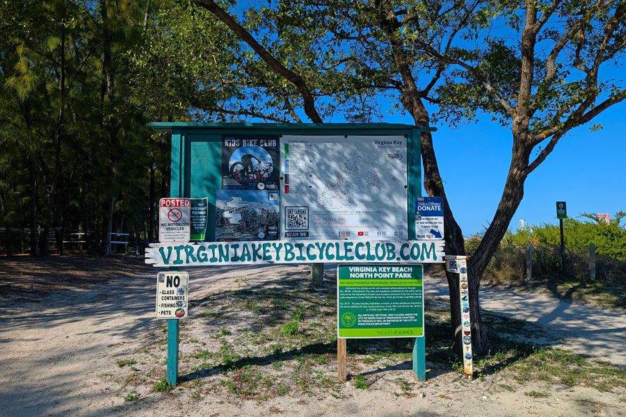 Miami, Florida, USA - February 9, 2025: Entrance to the mountain bike trails in Virginia Key Beach North Point Park. Only for editorial use. 