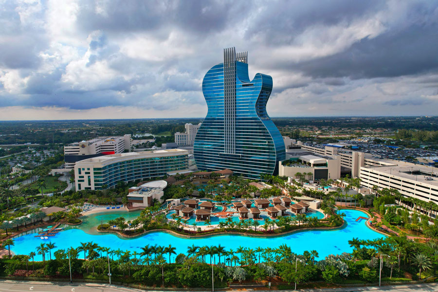 The Seminole Hard Rock Hotel & Casino in Hollywood is one of South Florida's most recognizable entertainment destinations, featuring its iconic guitar-shaped hotel, gaming, luxury accommodations, restaurants, live performances, and resort amenities. The complex attracts visitors from around the world and serves as a major landmark in Broward County. 