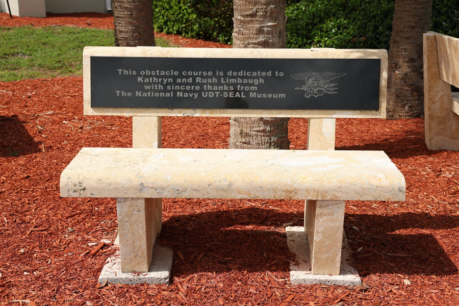 A memorial bench at the National Navy UDT-SEAL Museum in Fort Pierce honors supporters of the museum's mission to preserve the history and legacy of the U.S. Navy's Underwater Demolition Teams and Navy SEALs. The museum is one of the Treasure Coast's most distinctive historical attractions and features exhibits, memorials, military artifacts, and outdoor displays.