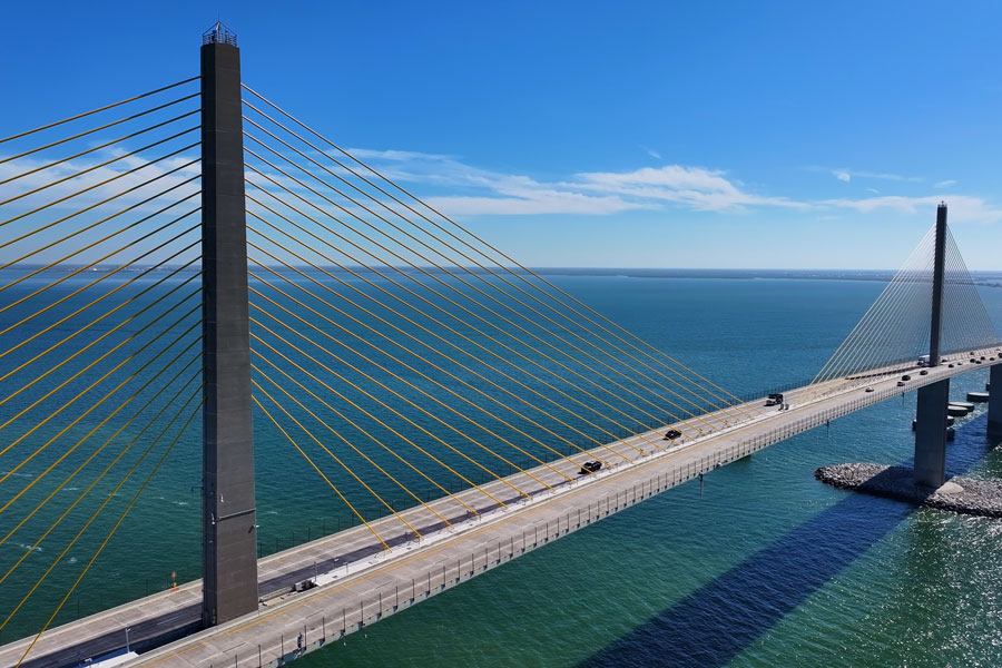 The Sunshine Skyway Bridge spans the mouth of Tampa Bay, carrying Interstate 275 between the St. Petersburg area and Manatee County. Its distinctive cable-stayed towers have become a landmark of Florida’s Gulf Coast, while the bridge provides an important transportation connection between the Tampa Bay region and communities farther south toward Bradenton and Sarasota.
