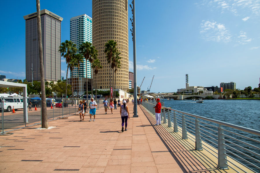 The Tampa Riverwalk follows the Hillsborough River through the heart of downtown Tampa, connecting waterfront parks, museums, restaurants, attractions and entertainment venues. The pedestrian pathway has become a centerpiece of downtown Tampa and offers visitors an easy way to explore the city while enjoying views of the river and surrounding skyline.