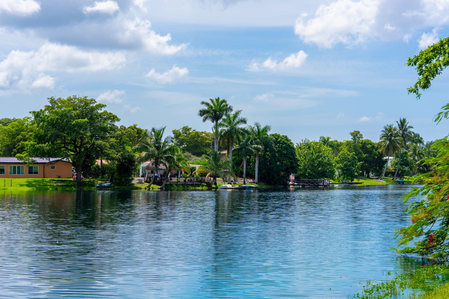 Waterfront homes line one of the many lakes that help define the residential landscape of Miami Lakes, Florida. Palm trees, mature landscaping and quiet lakefront neighborhoods reflect the carefully planned suburban character of this Miami-Dade County community.