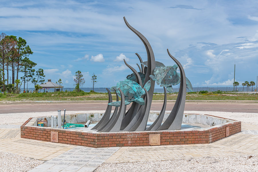 A sea turtle sculpture at George Core Park in Port St. Joe celebrates the marine wildlife of Florida’s Forgotten Coast and the importance of protecting nesting sea turtles and their coastal habitat. The park hosts the Forgotten Coast Sea Turtle Festival, an event focused on sea turtle conservation and environmental awareness.
